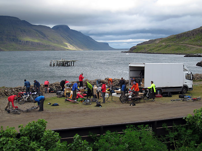 Djúpavík. 6th (and last) Kaffihlaðborð. - But with a lot of guests - with about 50 bikers, which met in Djúpavík, to get their bikes into this truck (after about 40 km cycling from Norðurfjörður). (28 August 2011)